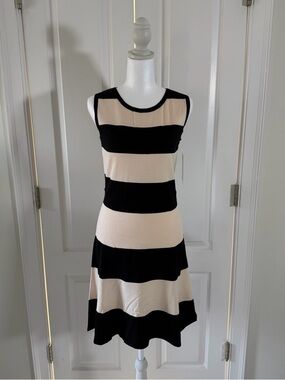 Julian Taylor Black and Cream Wide-Stripe Sleeveless Midi Dress